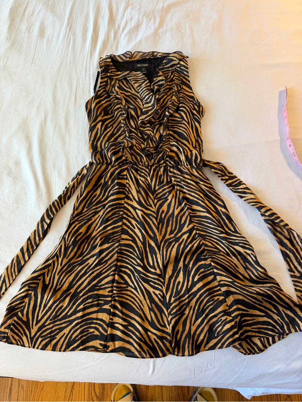 White House Black Market Silk Animal-Print Dress in Black & Tan